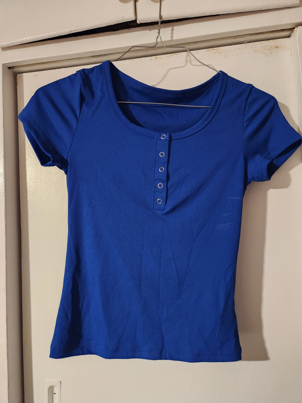 Classic Ribbed Scoop Neck Short Sleeve Top - Blue